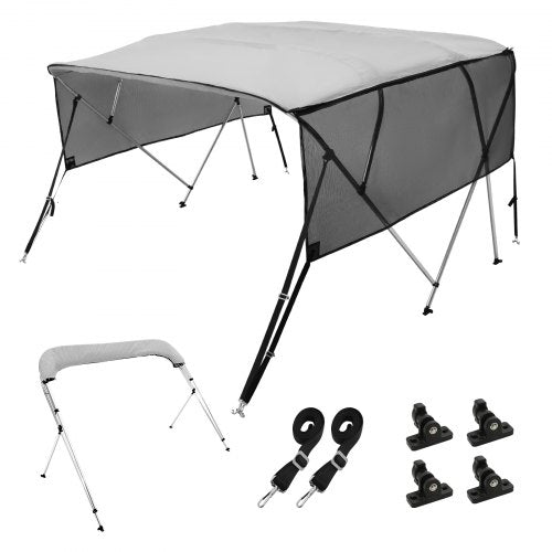 4 Bow Bimini Top Boat Cover, Detachable Mesh Sidewalls, 600D Polyester Canopy with 1' Aluminum Alloy Frame, Includes Storage Boot, 2 Straps, 2 Support Poles, 8'L x 54'H x 85'-90'W, Light Grey
