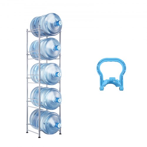 5 Tiers Water Jug Holder, 5 Gallon Water Bottle Holder, Single Row Water Bottle Rack for 5 Bottles, Heavy Duty Water Jug Rack for Kitchen, Office, Living Room, Silver
