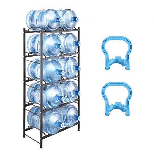 5 Tiers Water Jug Holder, 5 Gallon Water Bottle Holder, Double Row Water Bottle Rack for 10 Bottles, Heavy Duty Water Jug Rack for Kitchen, Office, Living Room, Black