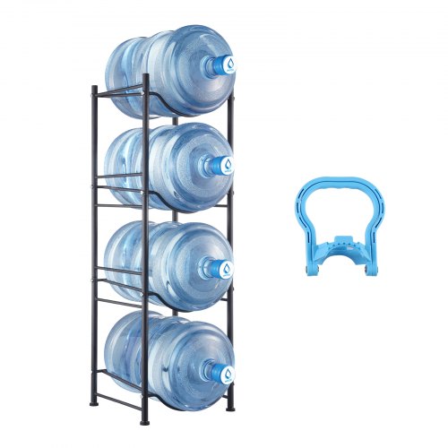 4 Tiers Water Jug Holder, 5 Gallon Water Bottle Holder, Single Row Water Bottle Rack for 4 Bottles, Heavy Duty Water Jug Rack for Kitchen, Office, Living Room, Black