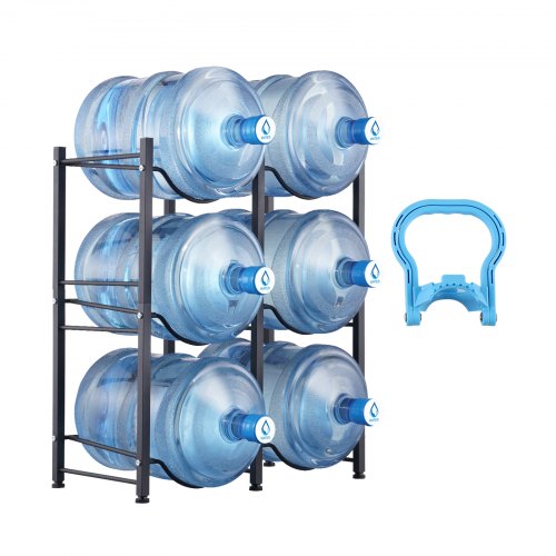 3 Tiers Water Jug Holder, 5 Gallon Water Bottle Holder, Double Row Water Bottle Rack for 6 Bottles, Heavy Duty Water Jug Rack for Kitchen, Office, Living Room, Black