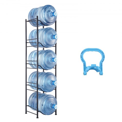 5 Tiers Water Jug Holder, 5 Gallon Water Bottle Holder, Single Row Water Bottle Rack for 5 Bottles, Heavy Duty Water Jug Rack for Kitchen, Office, Living Room, Black