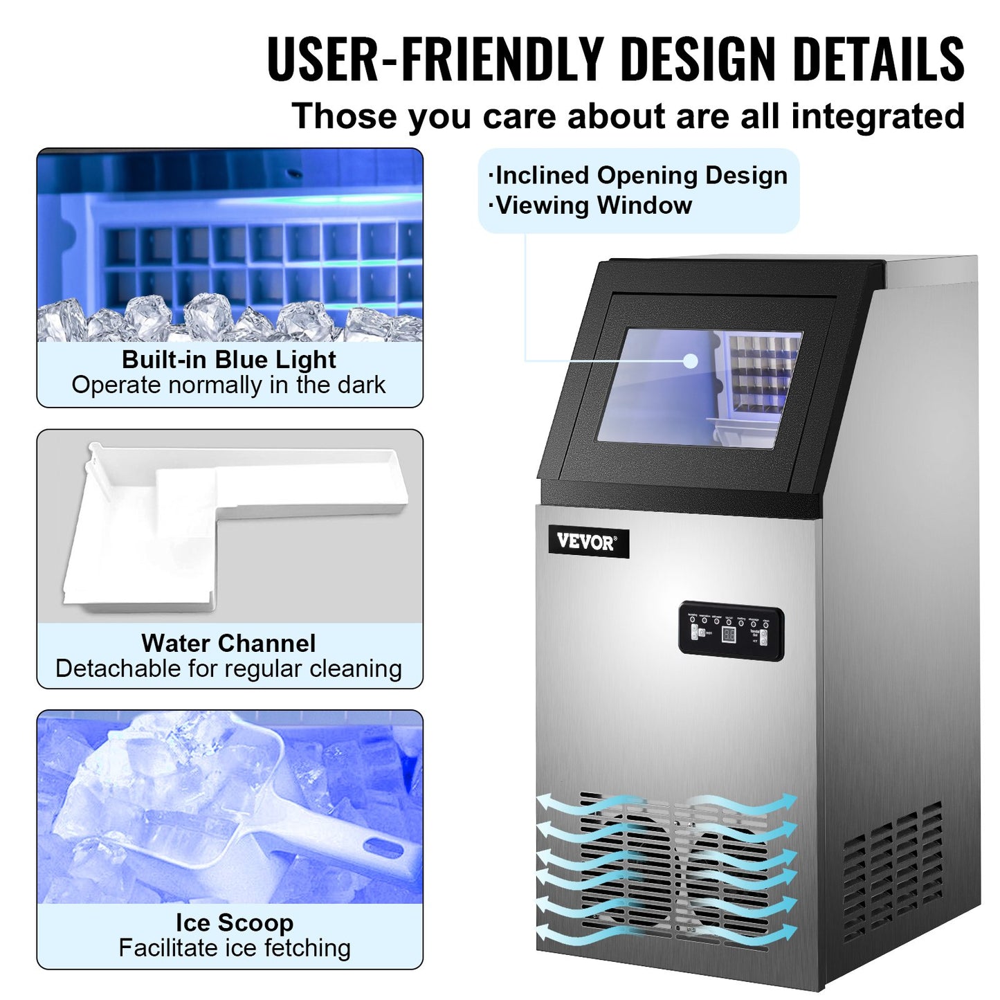 VEVOR 110V Commercial Ice Maker 88LBS/24H with 22LBs Storage Ice Maker Machine Stainless Steel Portable Automatic Ice Machine with Scoop and Connection Hoses Perfect for Restaurants Bars Cafe