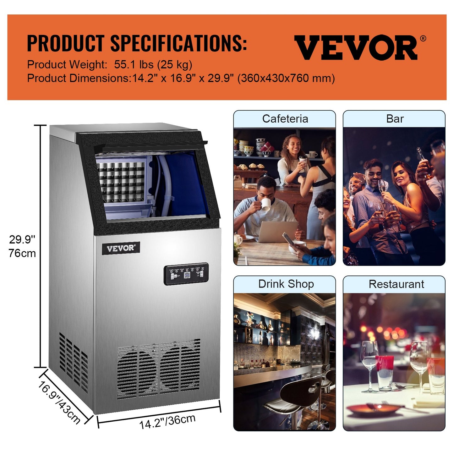 VEVOR 110V Commercial Ice Maker 88LBS/24H with 22LBs Storage Ice Maker Machine Stainless Steel Portable Automatic Ice Machine with Scoop and Connection Hoses Perfect for Restaurants Bars Cafe