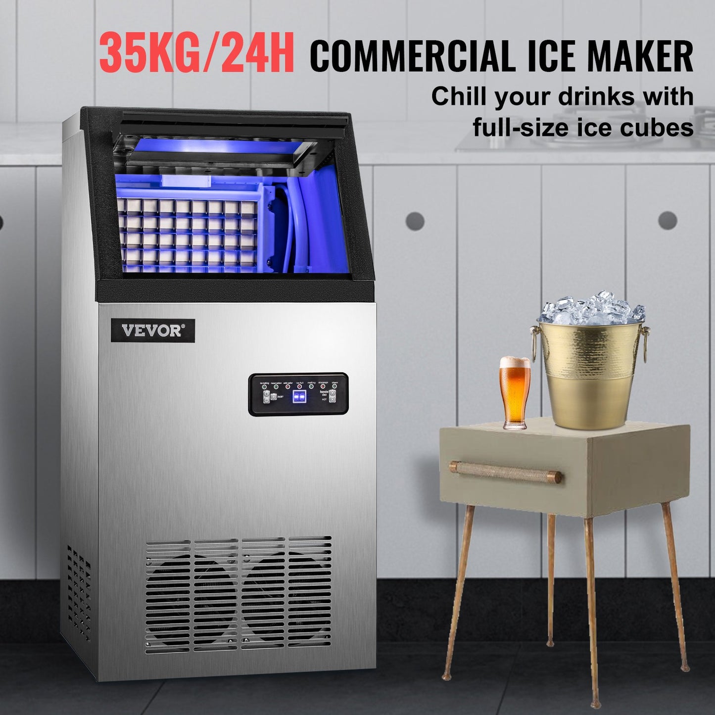 VEVOR 110V Commercial Ice Maker 120LBS/24H with 22LBs Storage Ice Maker Machine Stainless Steel Portable Automatic Ice Machine with Scoop and Connection Hoses Perfect for Restaurants Bars Cafe