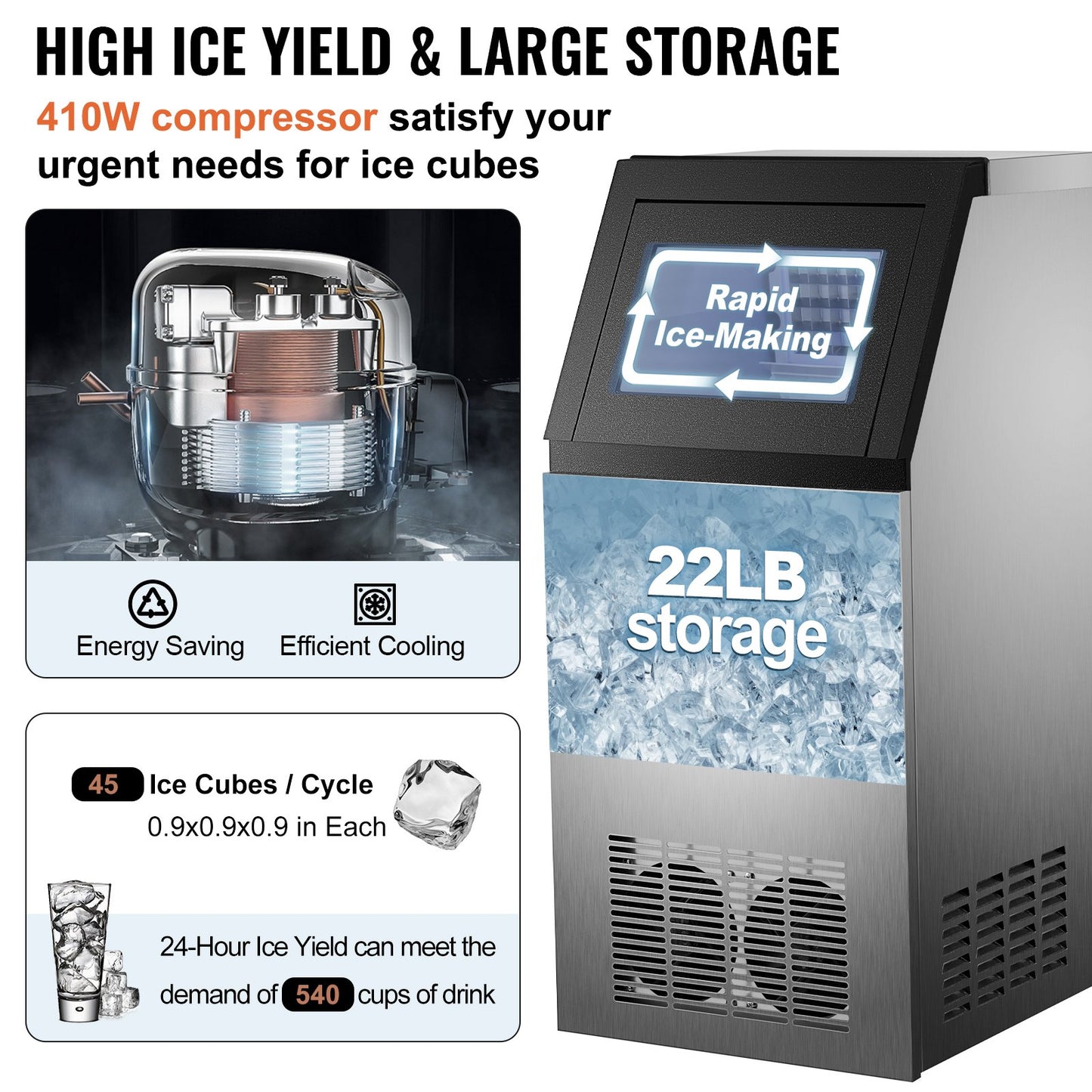 VEVOR 110V Commercial Ice Maker 120LBS/24H with 22LBs Storage Ice Maker Machine Stainless Steel Portable Automatic Ice Machine with Scoop and Connection Hoses Perfect for Restaurants Bars Cafe