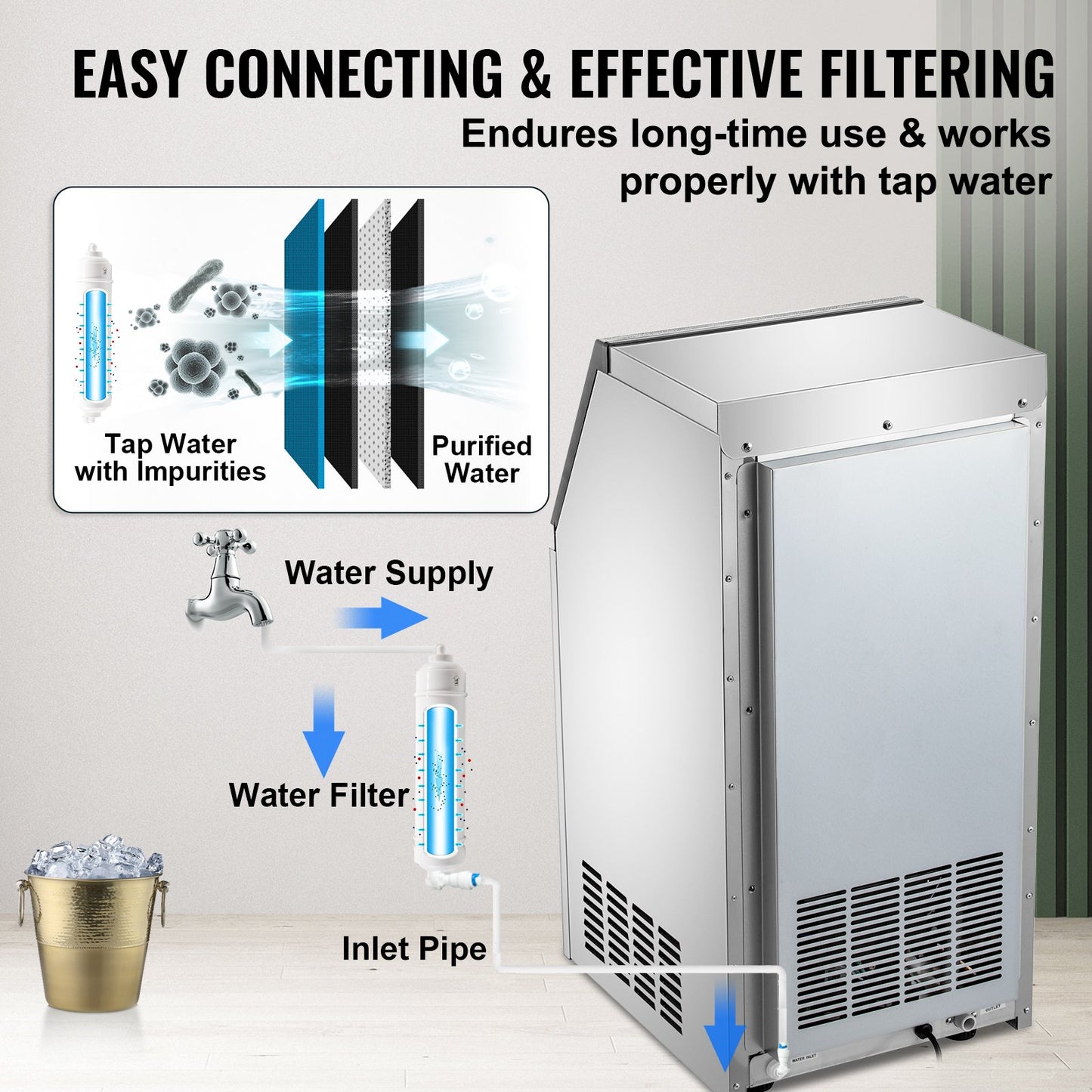 VEVOR 110V Commercial Ice Maker 120LBS/24H with 22LBs Storage Ice Maker Machine Stainless Steel Portable Automatic Ice Machine with Scoop and Connection Hoses Perfect for Restaurants Bars Cafe