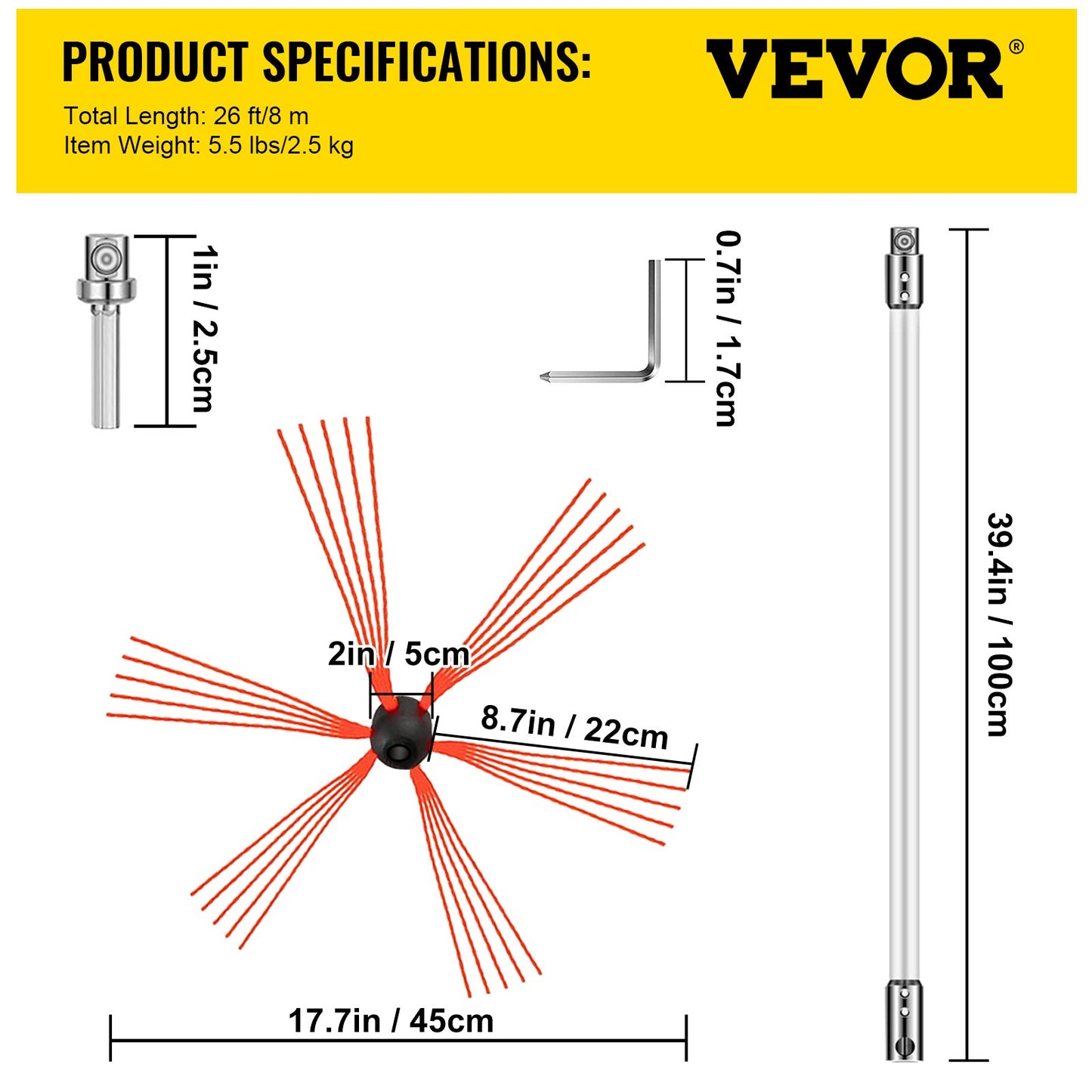 VEVOR Chimney Sweep Kit 26FT Length, Chimney Cleaning Tool Kits with 8 Nylon Flexible Rods, Chimney Brush Kit Driven by Drill for Sweeping Fireplace