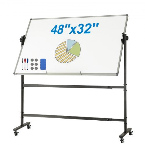 Rolling Whiteboard, 48x32 inch Double-Sided Magnetic Mobile Whiteboard, 360¡ã Reversible Adjustable Height Dry Erase Board with Wheels & Movable Tray for Office School