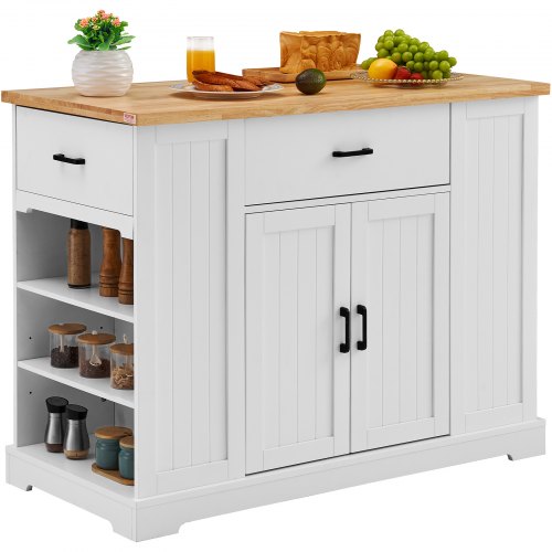 Kitchen Island Cart, 46' Wood Top Breakfast Bar with Storage Cabinet, Farmhouse Kitchen Table with Adjustable Shelf, Drawer, for Dining Kitchen Living Room, White