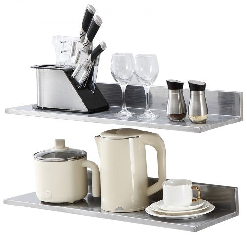8.6' x 30' Stainless Steel Shelf, Wall Mounted Floating Shelving with Backsplash, 44 lbs Load Capacity Commercial Shelves, Heavy Duty Storage Rack for Restaurant, Kitchen, Bar, Home, and Hotel