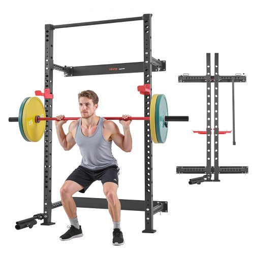 Folding Power Cage, Wall-Mounted Power Rack Squat Rack, Multifunctional Strength Training Workout Equipment with Landmine Holder, Adjustable J-Hooks & Pull-Up Bar for Home Gym, 1000LBS Capacity