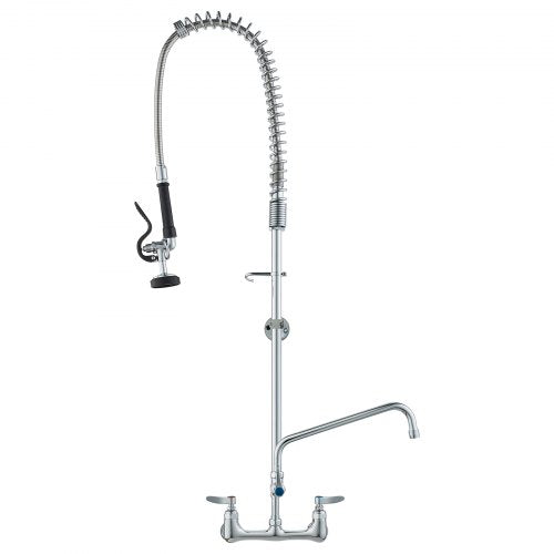 Wall-Mounted Kitchen Faucet, 47' Tall, 8' Apart, with 12' Rotating Spout and Pre-Rinse Spray, Brass Build, Pull-Down Feature for Multi-Compartment Sinks