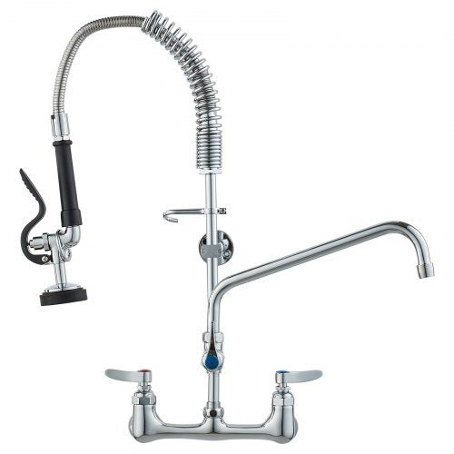 Wall-Mounted Kitchen Faucet, 25' Tall, 8' Center Distance, 12' Rotatable Spout, Includes Pre-Rinse Spray, Brass Build, Pull-Down Feature, Suitable for Multi-Compartment Sinks
