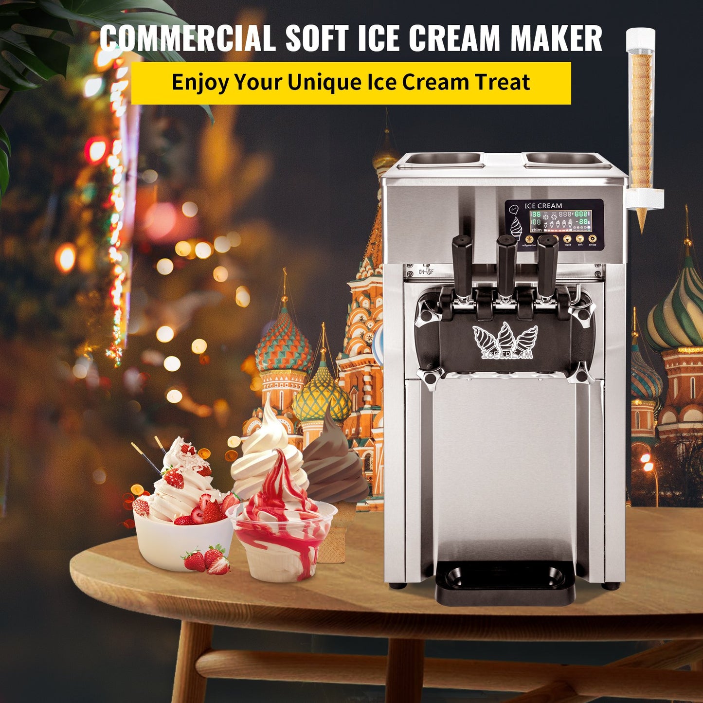 VEVOR Commercial Ice Cream Maker Machine, 2+1 Flavor Countertop Soft Serve Machine, 5 Gal/H Commercial Ice Cream Maker w/Two 3L Hoppers, Soft Ice Cream Machine for Restaurants Snack Bars Supermarkets