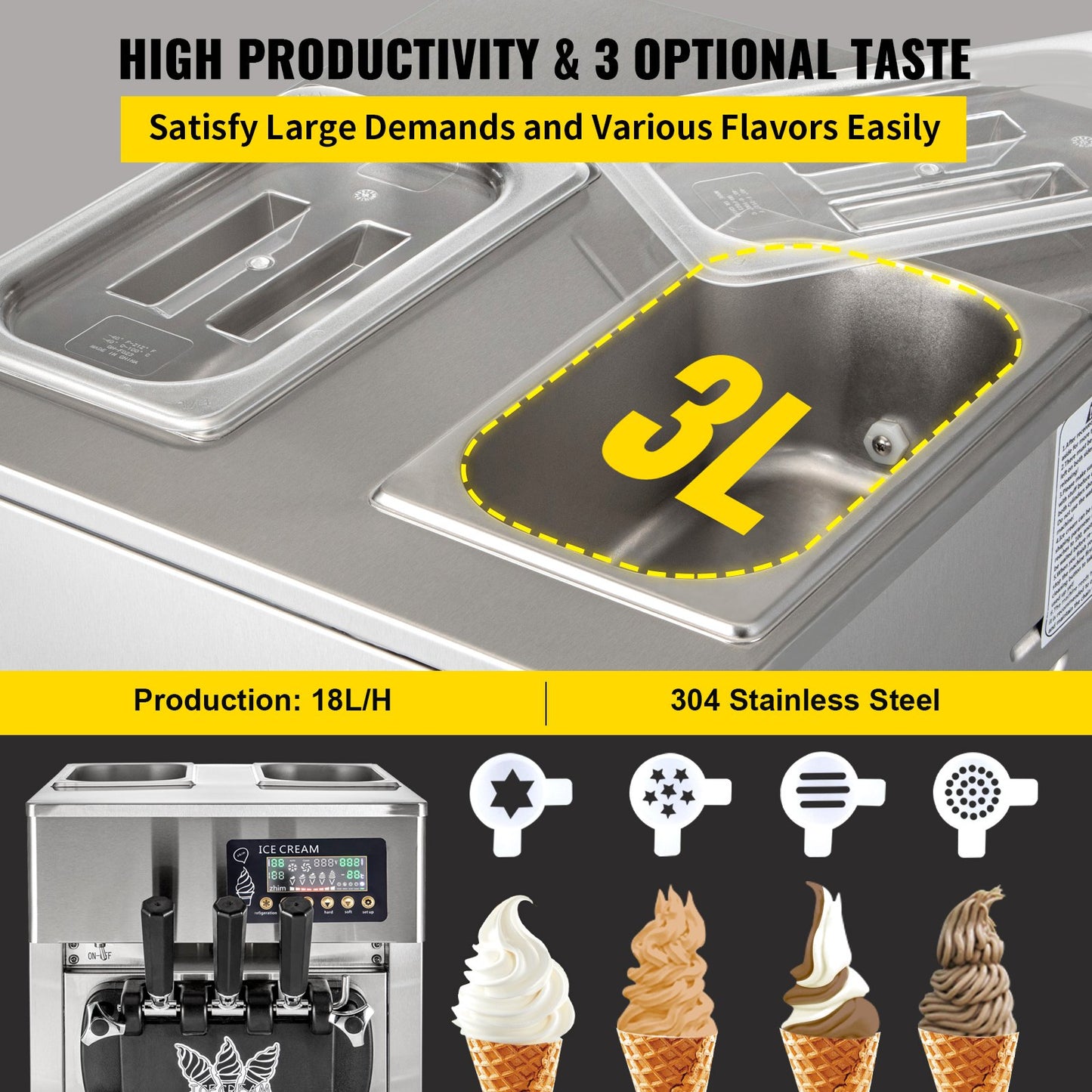 VEVOR Commercial Ice Cream Maker Machine, 2+1 Flavor Countertop Soft Serve Machine, 5 Gal/H Commercial Ice Cream Maker w/Two 3L Hoppers, Soft Ice Cream Machine for Restaurants Snack Bars Supermarkets
