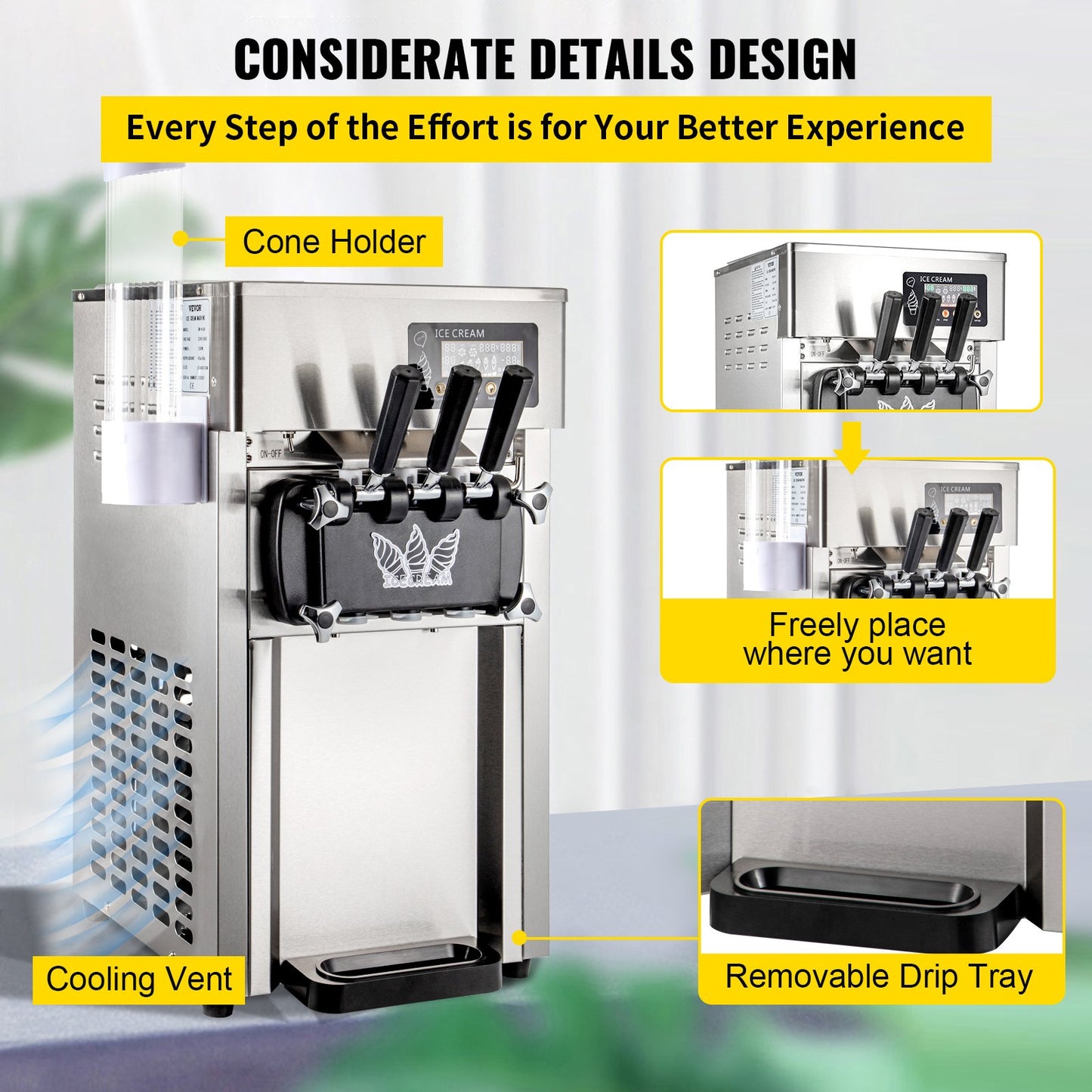 VEVOR Commercial Ice Cream Maker Machine, 2+1 Flavor Countertop Soft Serve Machine, 5 Gal/H Commercial Ice Cream Maker w/Two 3L Hoppers, Soft Ice Cream Machine for Restaurants Snack Bars Supermarkets