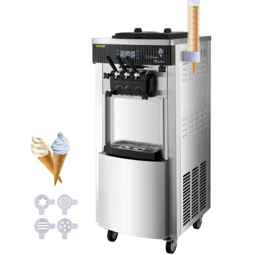 VEVOR Commercial Soft Ice Cream Machine, 2200W Serve Yogurt Maker, 3 Flavors Ice Cream Maker, 5.3 to 7.4 Gallons per Hour Auto Clean LCD Panel for Restaurants Snack Bars, Stainless Steel