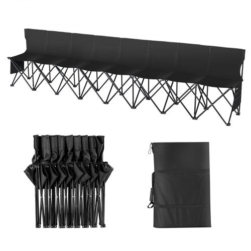 Portable Folding Bench, 8 Seat Foldable Soccer Bench with Side Pockets and Carrying Bag, Lightweight Sideline Seating with Back Rest for Football, Baseball, Camping, Outdoor Events, Black