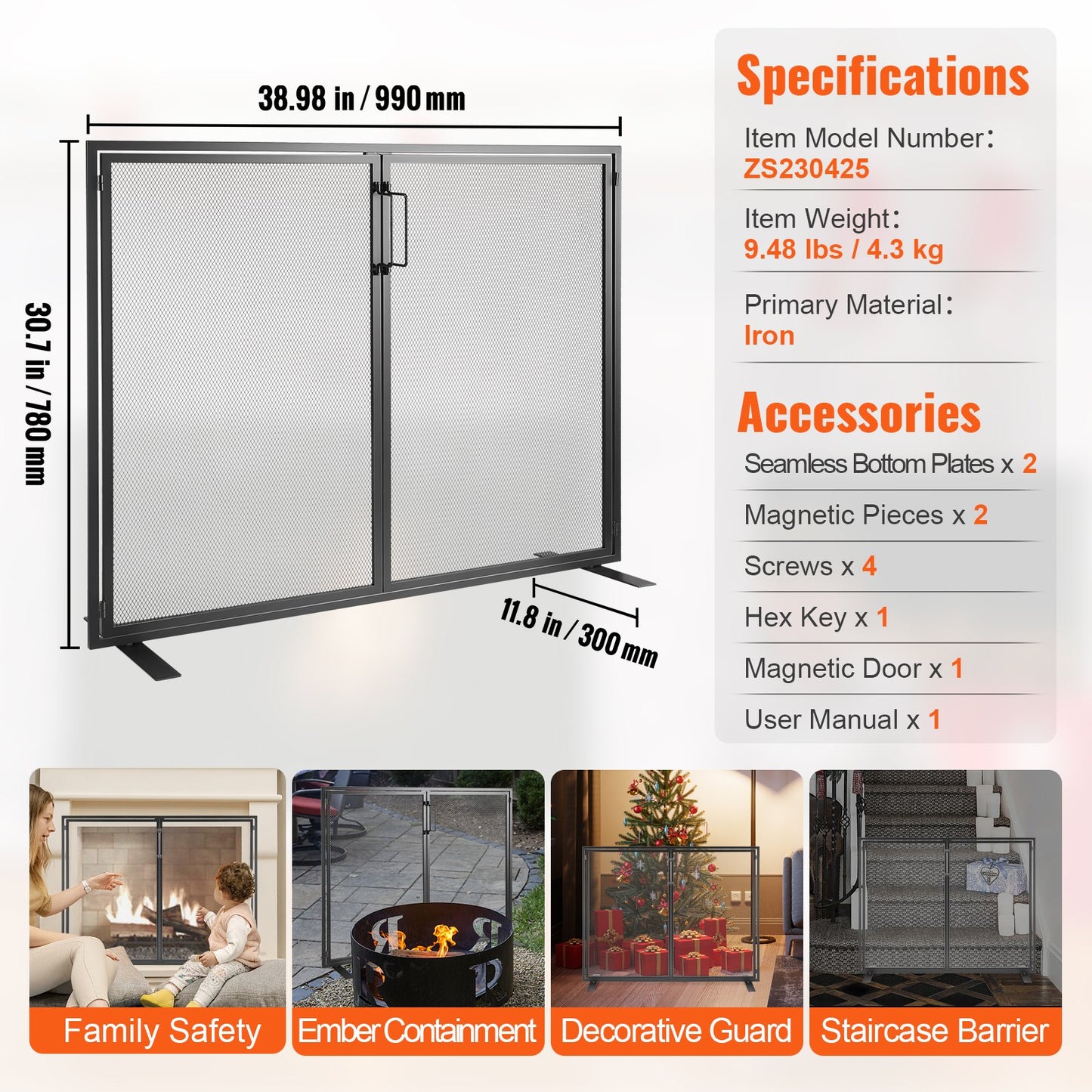 VEVOR Fireplace Screen 1 Panel with Door, Sturdy Iron Mesh Fireplace Screen, 38.98(L) x30.7(H) Spark Guard Cover, Simple Installation, Free Standing Fire Fence Grate for Living Room Home Decor Moder