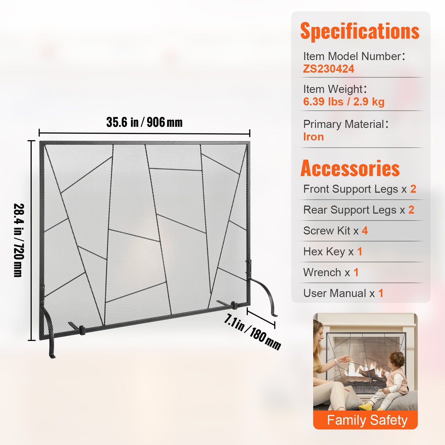 VEVOR Fireplace Screen Single Panel, Sturdy Iron Mesh Fireplace Screen, 35.6(L) x28.4(H) Spark Guard Cover, Simple Installation, Free Standing Fire Fence Grate for Living Room Home Decor Modern