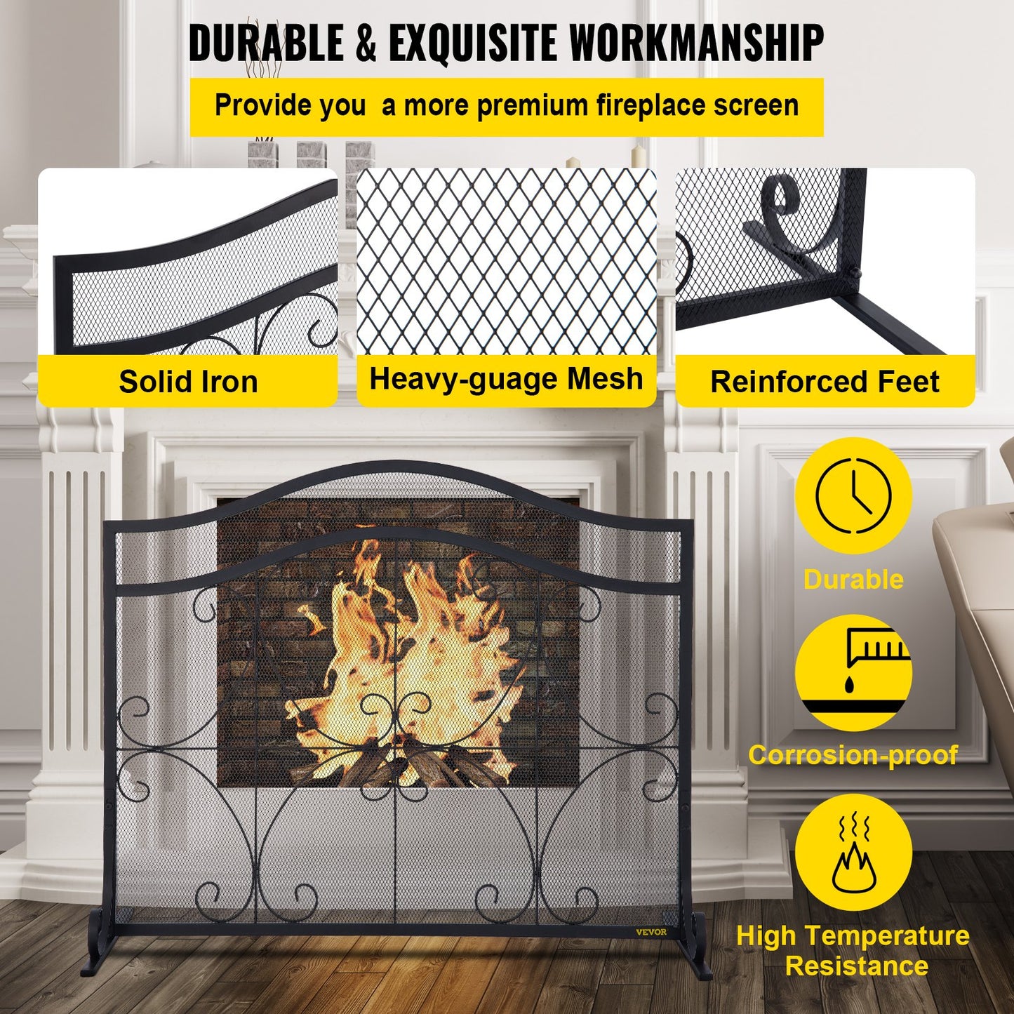 VEVOR Fireplace Screen, 38 x 26.5 Inch,Heavy Duty Iron Freestanding Spark Guard with Support, Metal Mesh Craft, Broom Tong Shovel Poker Included for Fireplace Decoration & Protection, Black