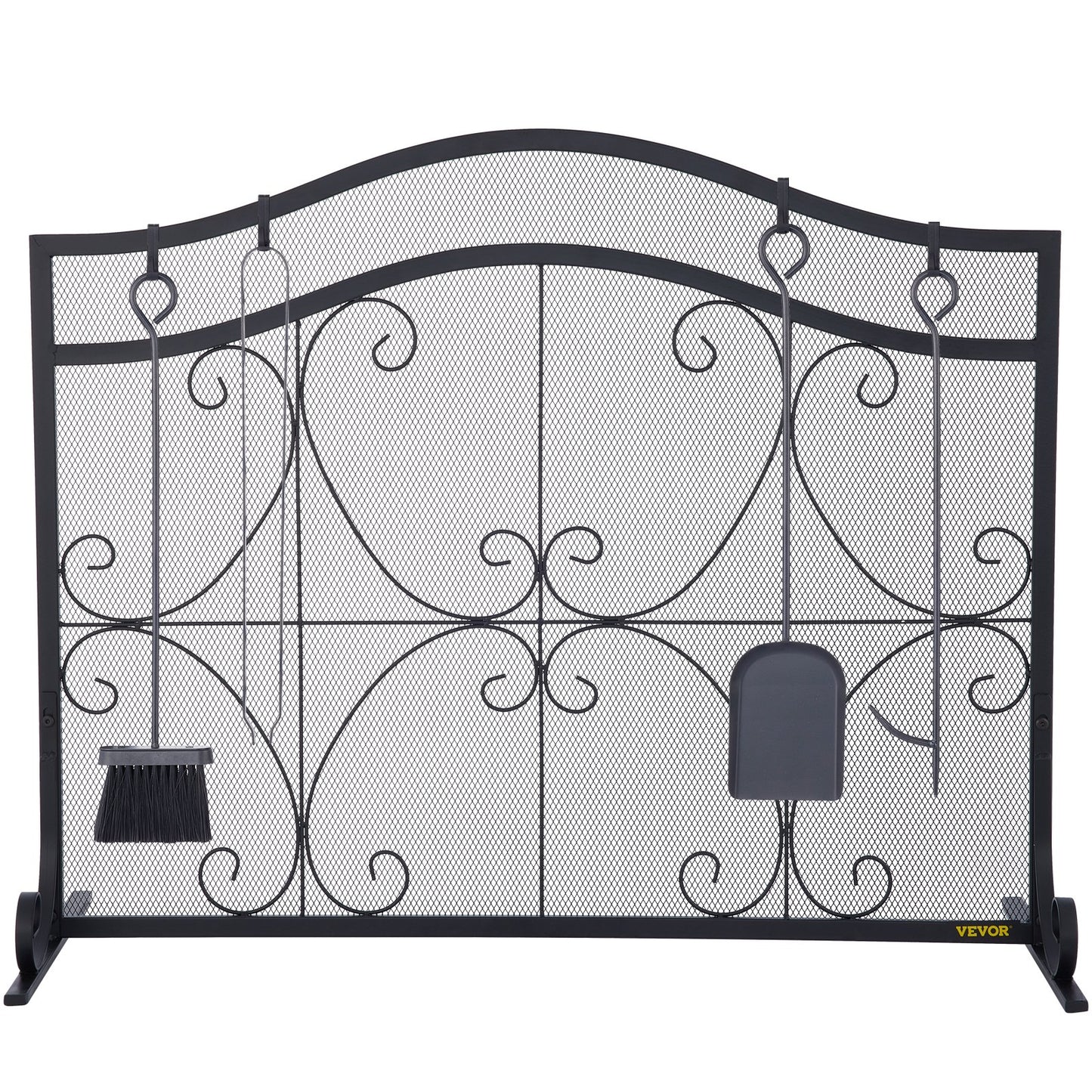 VEVOR Fireplace Screen, 38 x 26.5 Inch,Heavy Duty Iron Freestanding Spark Guard with Support, Metal Mesh Craft, Broom Tong Shovel Poker Included for Fireplace Decoration & Protection, Black