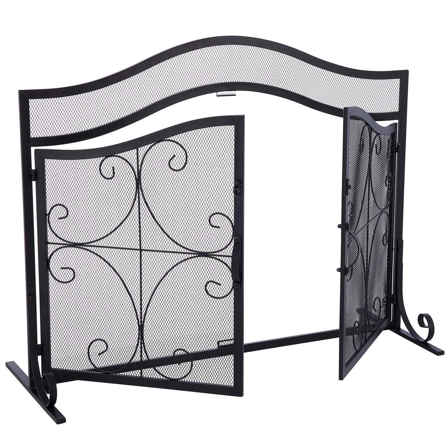 VEVOR Fireplace Screen, 39 x 26.6 Inch, Double Door Iron Freestanding Spark Guard with Support, Metal Mesh Craft, Broom Tong Shovel Poker Included for Fireplace Decoration & Protection, Black