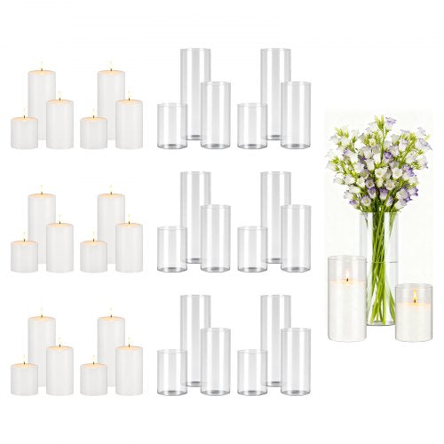 Pillar Candles and Glass Vases Set 36 Pcs, Clear Cylinder Hurricane Candle Holders for Wedding Centerpieces, Tall Vase for Table Decor, Wedding Party, Thanksgiving, White (3.4' x 4.7',7.1',9.8')