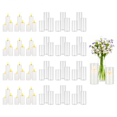 Pillar Candles and Glass Vases Set 72 Pcs, Clear Cylinder Hurricane Candle Holders for Wedding Centerpieces, Tall Vase for Table Decor, Wedding Party, Thanksgiving,White (2.56' x 4.7',5.9',7.9')