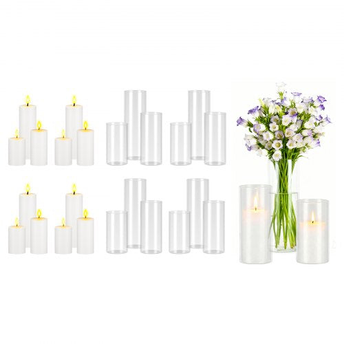 Pillar Candles and Glass Vases Set 24 Pcs, Clear Cylinder Hurricane Candle Holders for Wedding Centerpieces, Tall Vase for Table Decor, Wedding Party, Thanksgiving,White (2.56' x 4.7',5.9',7.9')