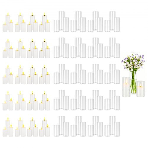 Pillar Candles and Glass Vases Set 120 Pcs, Clear Cylinder Hurricane Candle Holders for Wedding Centerpieces, Tall Vase for Table Decor, Wedding Party,Thanksgiving,White (2.56' x 4.7',5.9',7.9')