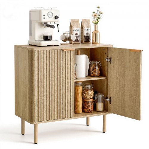 Coffee Bar Cabinet, Mid Century Fluted Coffee Bar Table with 2-Tier Storage, Buffet Stand Cabinet with 2 Barn Door, Sideboard Buffet Station for Living Room, Entryway, 31.5 x 14.7 x 31.5 in, Oak