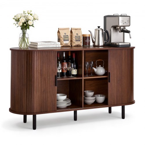 Coffee Bar Cabinet, Mid Century Fluted Coffee Bar Table, Buffet Stand Cabinet with 2 Sliding Doors, Sideboard Buffet Station for Living Room, Entryway, Kitchen, 55.1 x 15.7 x 29.5 in, Walnut