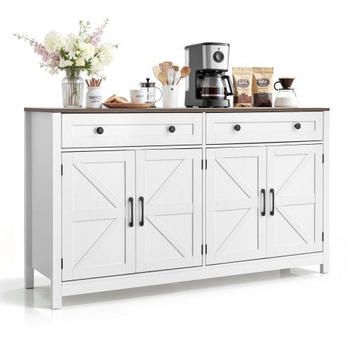 Coffee Bar Cabinet, Farmhouse Coffee Bar Table with 2 Drawers, Buffet Stand Cabinet with 4 Barn Doors, Sideboard Buffet Station for Living Room, Entryway, Kitchen, 55.1 x 15.5 x 31.5 in, White