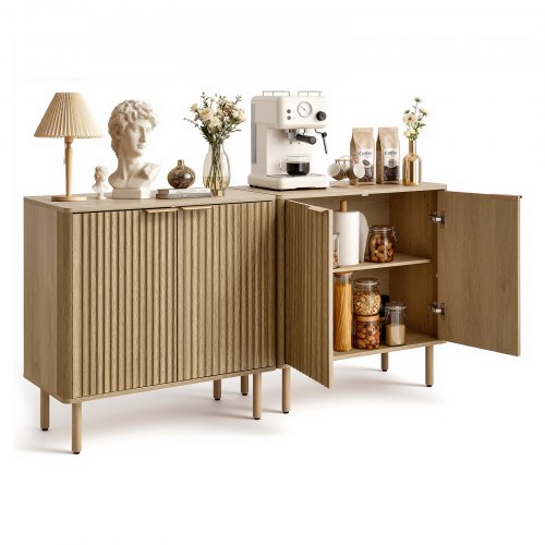 Coffee Bar Cabinet, Mid Century Fluted Coffee Bar Table with 2-Tier Storage, Buffet Stand Cabinet with 4 Barn Doors, Sideboard Buffet Station for Living Room, Entryway, 31.5x14.7x31.5 in(Single)
