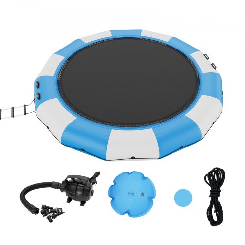 Inflatable Water Bouncer, 15ft Recreational Water Trampoline, Portable Bounce Swim Platform with 3-Step Ladder & Electric Air Pump, Kids Adults Floating Rebounder for Pool, Lake, Water Sports