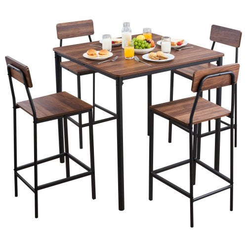 Bar Table, 5PCS 35¡å Bars Tables Set, Bar Tables and Chair Set with Rounded Edge Design, Square Pub Table with Four Stools for Living Room, Dining Room, Kitchen, Walnut Color, Black