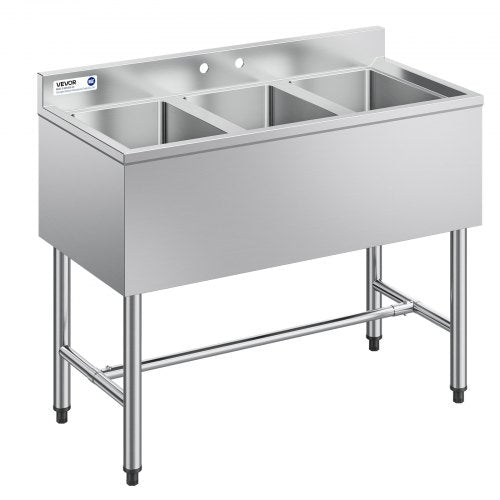 3 Compartment Sink, 18-Gauge 304 Stainless Steel, 10' x 14' x 10' Bowl Size, 3 Bay Commercial Under Bar Sink with Backsplash and Efficient Drainage for Kitchen, Restaurant, Food Truck & Home Use