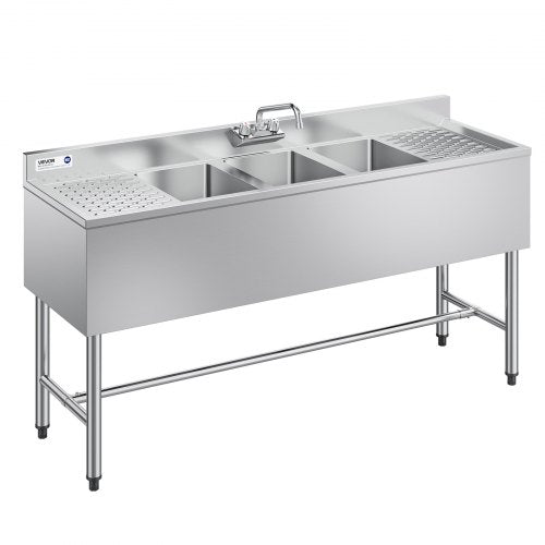 3 Compartment Sink, 18-Gauge 304 Stainless Steel, 10' x 14' x 10' Bowl Size, 3 Bay Commercial Under Bar Sink with Double Drainboard and Backsplash for Kitchen, Restaurant, Food Truck & Home Use