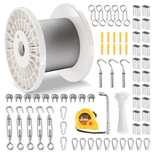 Wire Rope Kit, 1/8' 100 ft 304 Stainless Steel Cable with 124 Accessories, 1600 lbs Breaking Strength, 7x7 Strands Construction Marine Aircraft Grade for Handrail Stair Decking Fence Outdoors