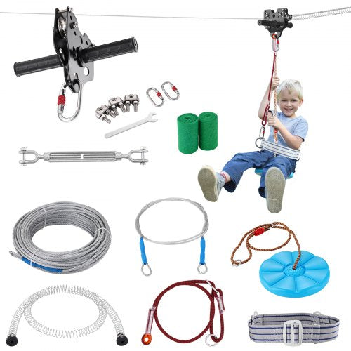 Zipline Kit for Kids and Adult, 100 ft Zip Line Kits Up to 500 lb, Backyard Outdoor Quick Setup Zipline, Playground Entertainment with Stainless Steel Zipline, Spring Brake, Safety Harness, Seat