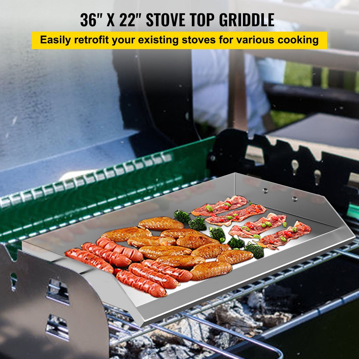 VEVOR Stainless Steel Griddle,36 x 22 Universal Flat Top Rectangular Plate, BBQ Charcoal/Gas Non-Stick Grill with 2 Handles and Grease Groove with Hole?Grills for Camping, Tailgating and Parties