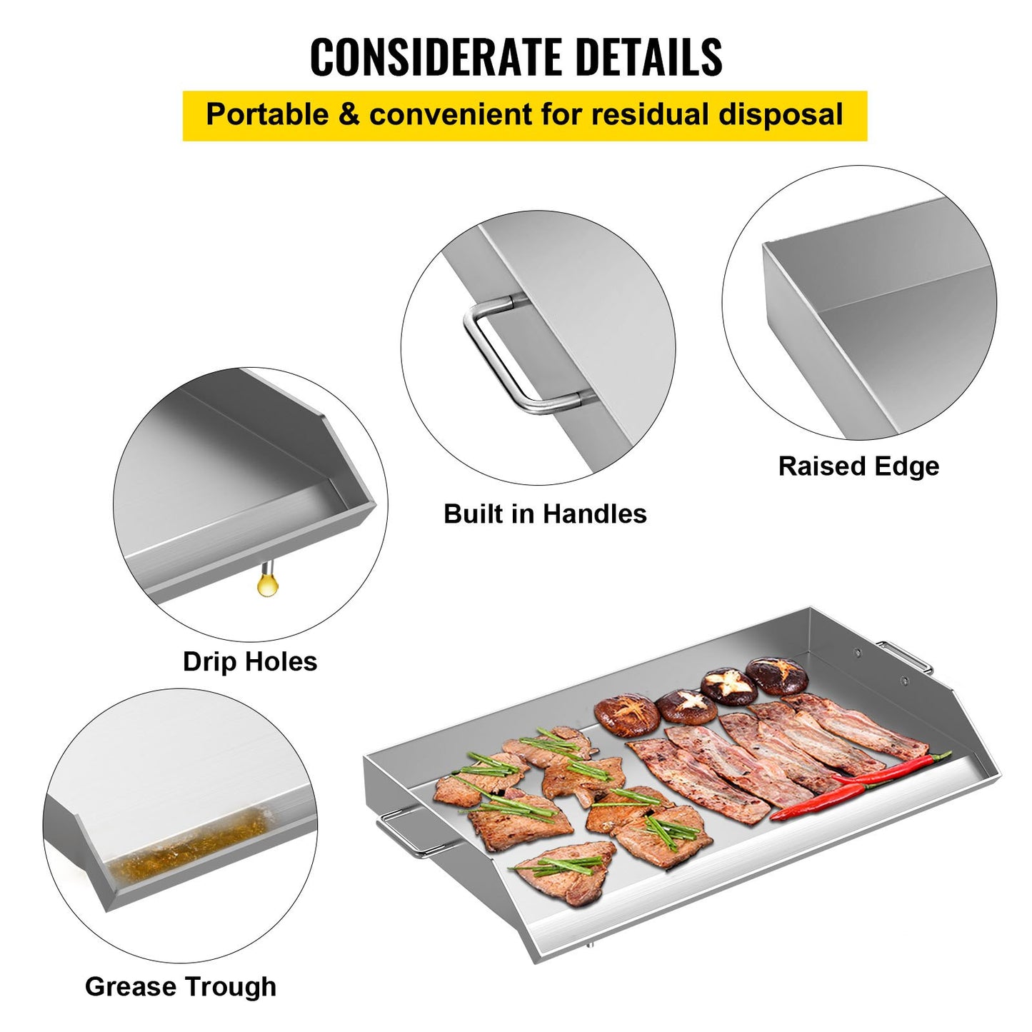 VEVOR Stainless Steel Griddle,36 x 22 Universal Flat Top Rectangular Plate, BBQ Charcoal/Gas Non-Stick Grill with 2 Handles and Grease Groove with Hole?Grills for Camping, Tailgating and Parties