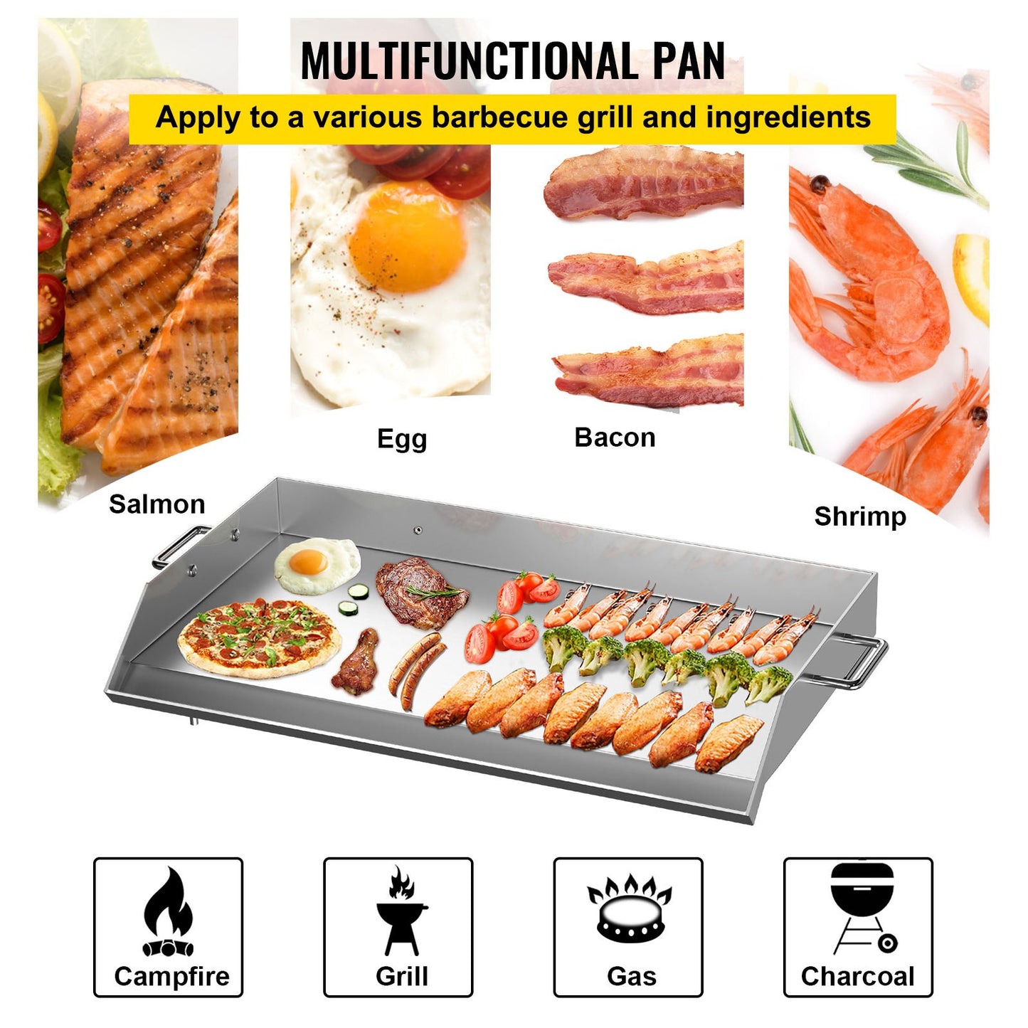 VEVOR Stainless Steel Griddle,36 x 22 Universal Flat Top Rectangular Plate, BBQ Charcoal/Gas Non-Stick Grill with 2 Handles and Grease Groove with Hole?Grills for Camping, Tailgating and Parties