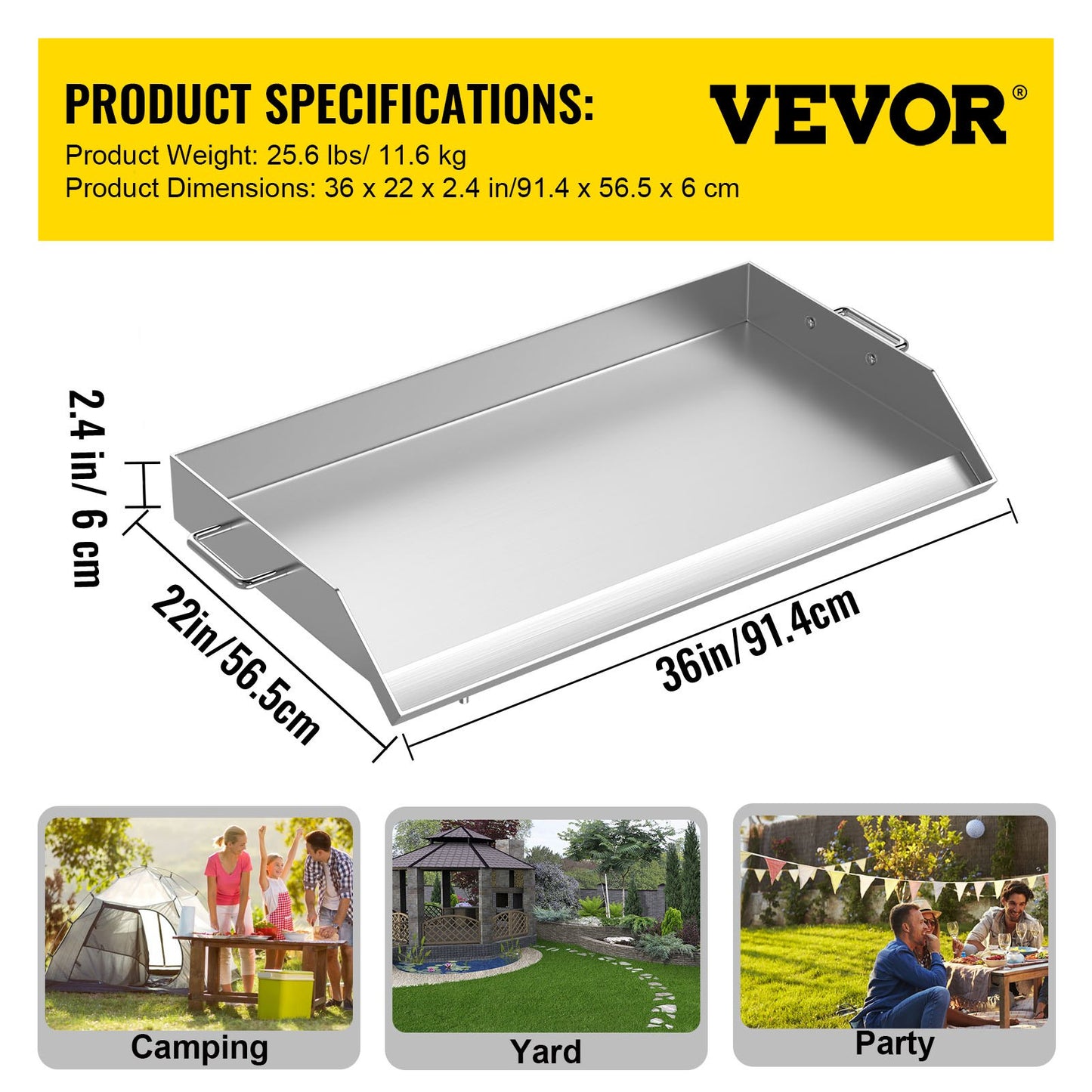 VEVOR Stainless Steel Griddle,36 x 22 Universal Flat Top Rectangular Plate, BBQ Charcoal/Gas Non-Stick Grill with 2 Handles and Grease Groove with Hole?Grills for Camping, Tailgating and Parties