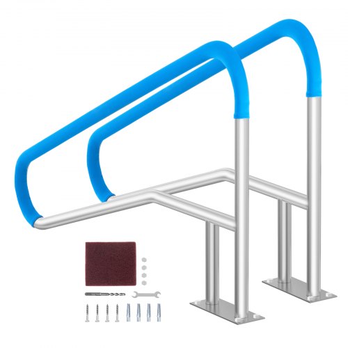 Pool Handrail, 2 PCS 55 x 32 inch Pool Railing, Stainless Steel with Base Plate for Indoor/Outdoor Pools,Swimming Pool Railing for Decks,Rust-Proof Grab Bar w/ Grip Cover&Accessories for Spas