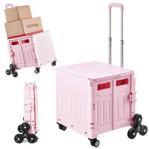Foldable Utility Cart, 65L Collapsible Portable Crate Rolling Cart with Stair Climbing Wheels & 360¡ã Swivel Wheels, Hand Cart with Telescoping Handle for Shopping Office Moving Teacher, Pink