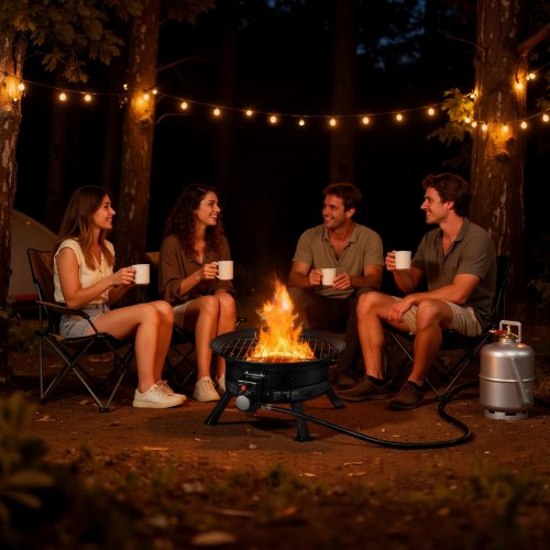 Propane Fire Pit 19-Inch, 53,000 BTU Portable Gas Fire Pit, with Grill Grate & Lava Rocks, Adjustable Flame, Folding Legs,Smokeless Outdoor Firebowl for Camping, Patio, Backyard, Deck, RV, Black