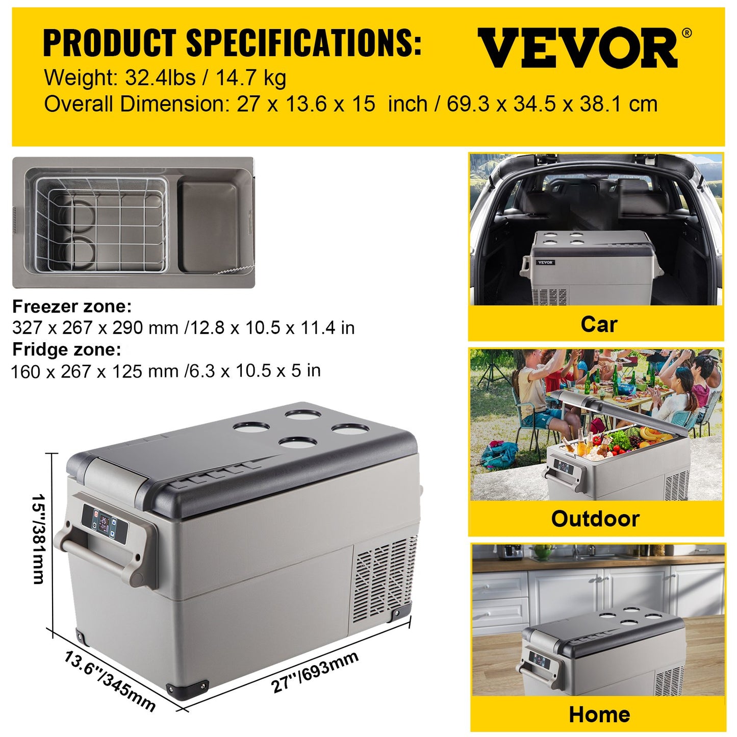 VEVOR Portable Refrigerator 37 Quart(35 Liter),12 Volt Refrigerator App Control(-4¨H~68¨H), Car Refrigerator Dual Zone with 12/24v DC & 110-240v AC for Camping, Travel, Fishing, Outdoor or Home Use